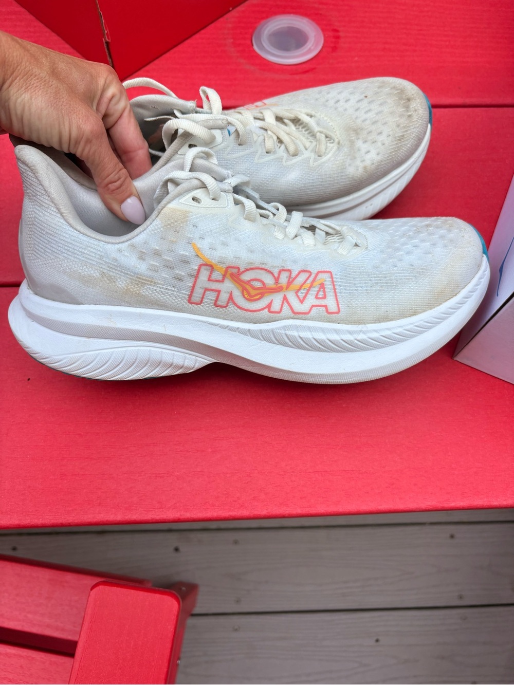 Hoka Mach 6 White Running Shoes with Coral Accent